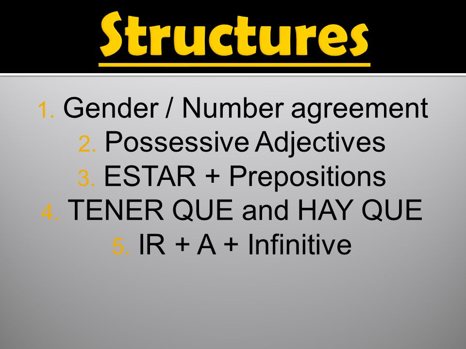 1. Gender / Number agreement 2. Possessive Adjectives 3.