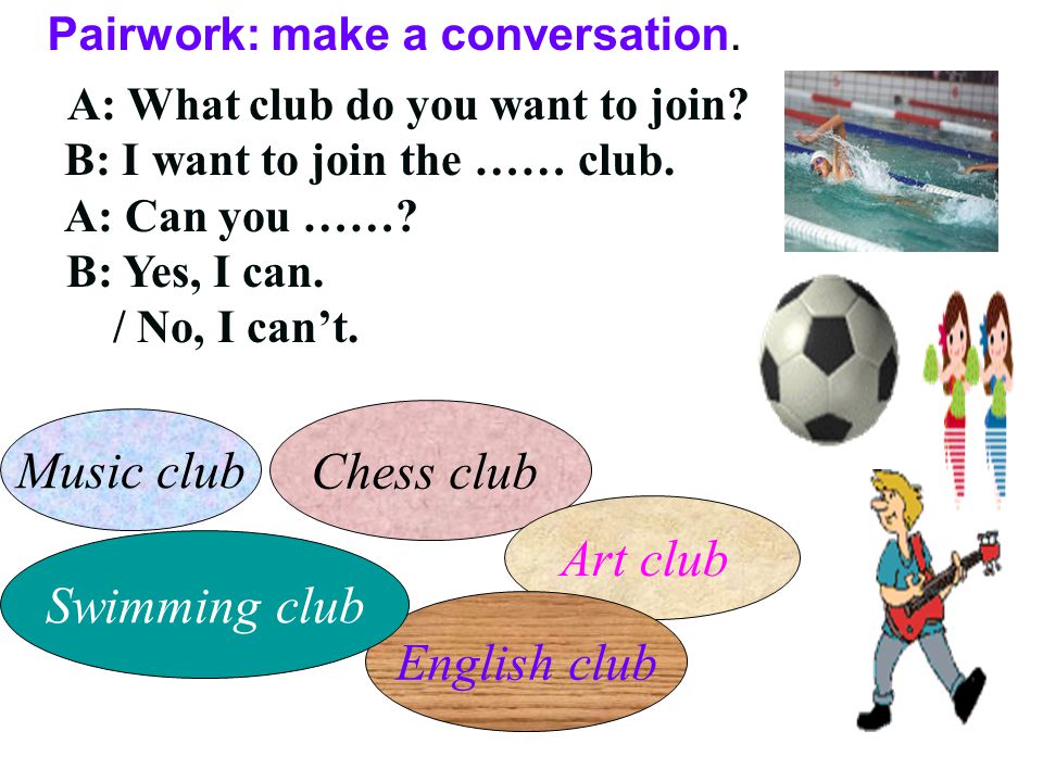 Music club Chess club Art club English club Swimming club Pairwork: make a conversation.