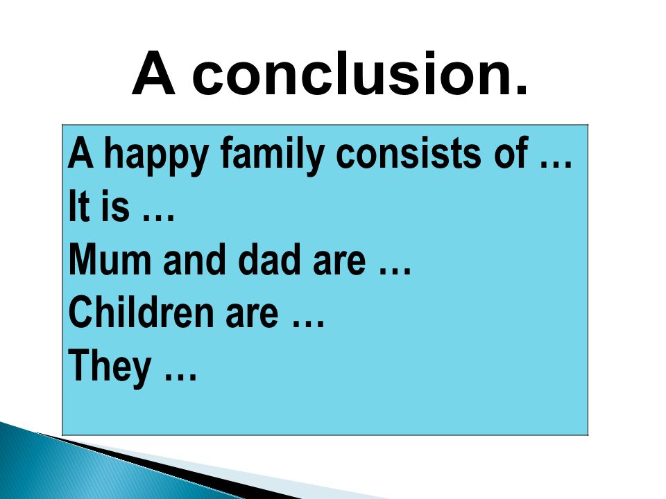 A happy family consists of … It is … Mum and dad are … Children are … They … A conclusion.