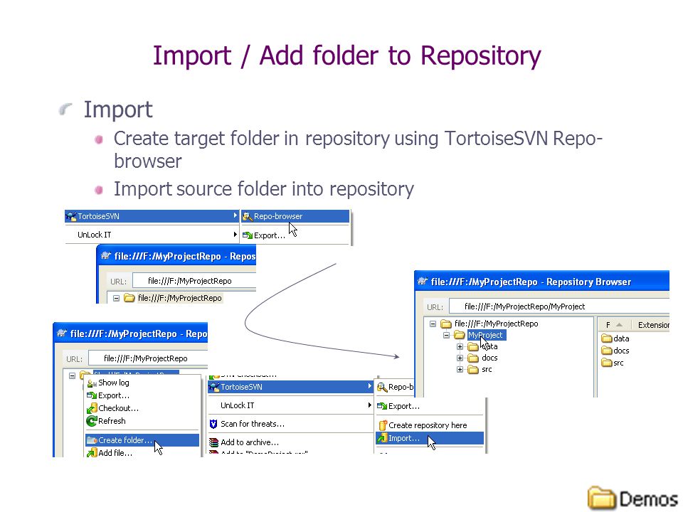 Import / Add folder to Repository Import Create target folder in repository using TortoiseSVN Repo- browser Import source folder into repository