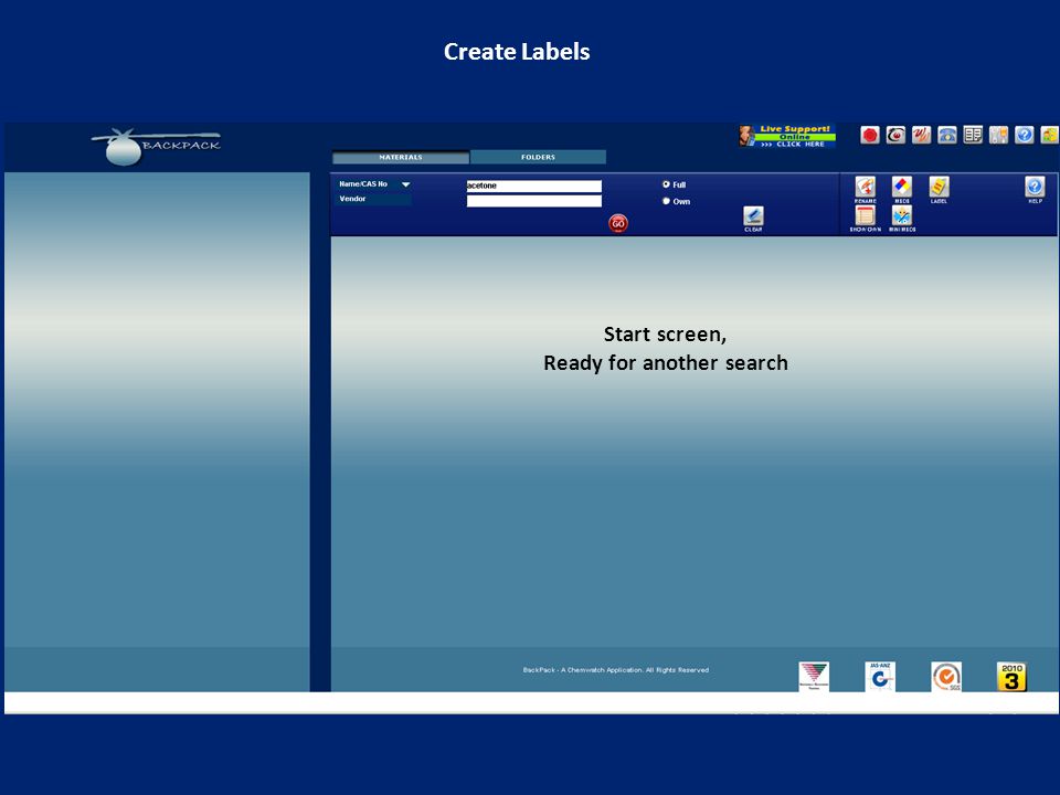 Start screen, Ready for another search Create Labels