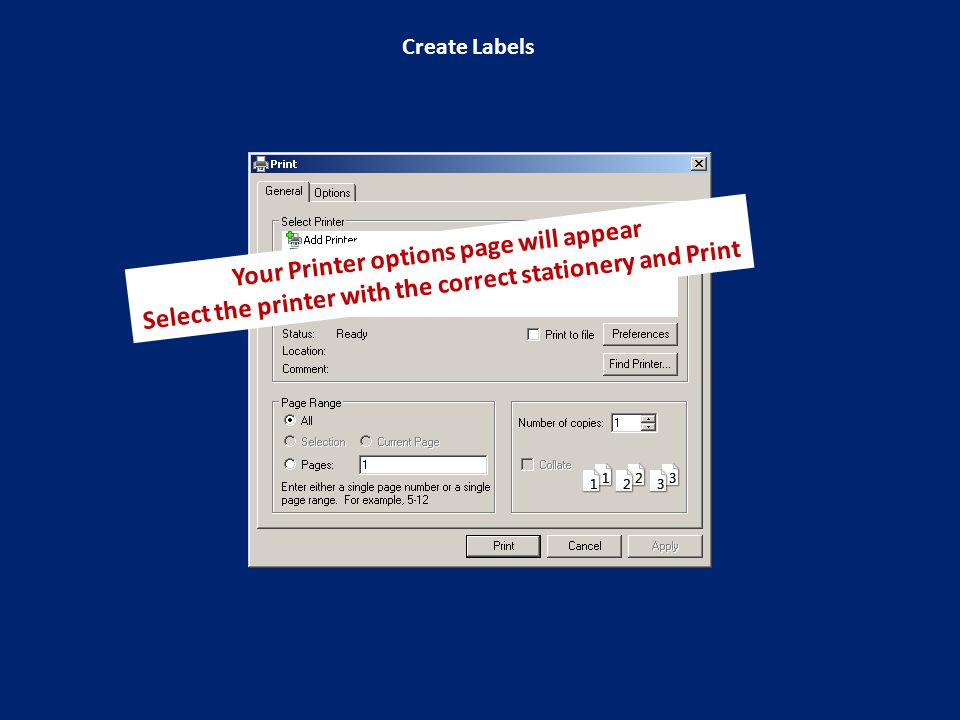 Create Labels Your Printer options page will appear Select the printer with the correct stationery and Print