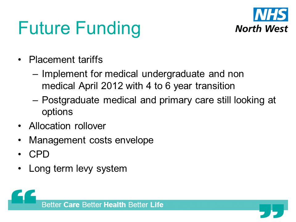 Better Care Better Health Better Life Future Funding Placement tariffs –Implement for medical undergraduate and non medical April 2012 with 4 to 6 year transition –Postgraduate medical and primary care still looking at options Allocation rollover Management costs envelope CPD Long term levy system