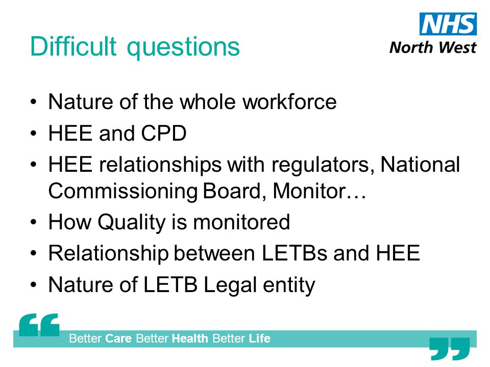 Better Care Better Health Better Life Difficult questions Nature of the whole workforce HEE and CPD HEE relationships with regulators, National Commissioning Board, Monitor… How Quality is monitored Relationship between LETBs and HEE Nature of LETB Legal entity