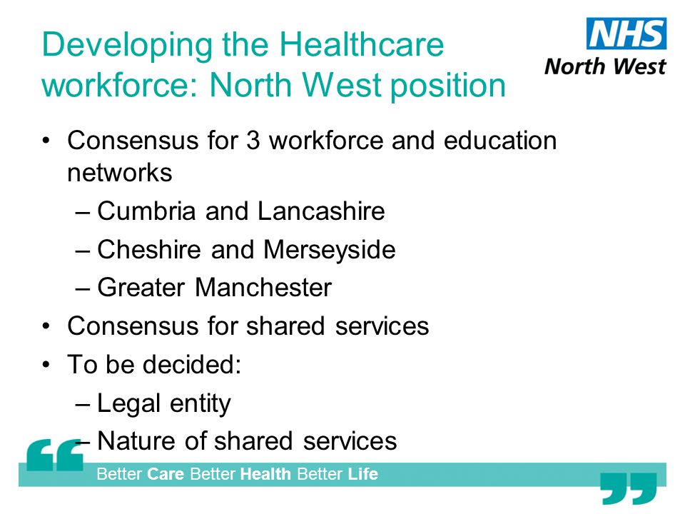 Better Care Better Health Better Life Developing the Healthcare workforce: North West position Consensus for 3 workforce and education networks –Cumbria and Lancashire –Cheshire and Merseyside –Greater Manchester Consensus for shared services To be decided: –Legal entity –Nature of shared services