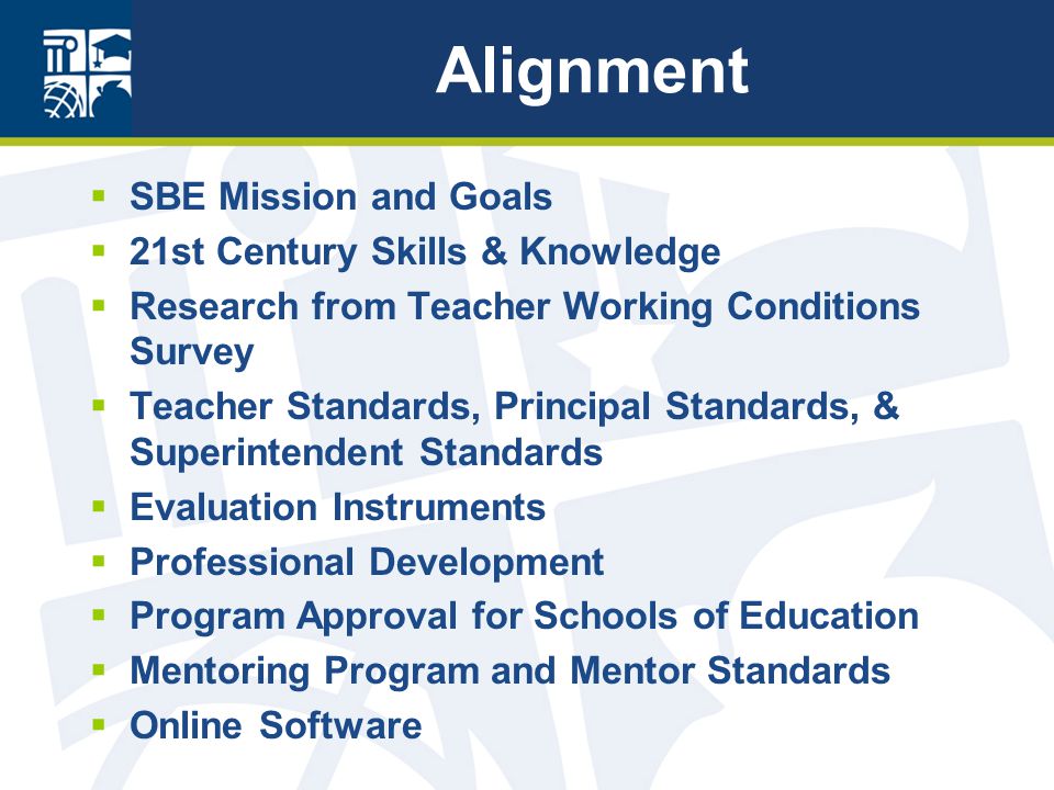 Alignment  SBE Mission and Goals  21st Century Skills & Knowledge  Research from Teacher Working Conditions Survey  Teacher Standards, Principal Standards, & Superintendent Standards  Evaluation Instruments  Professional Development  Program Approval for Schools of Education  Mentoring Program and Mentor Standards  Online Software