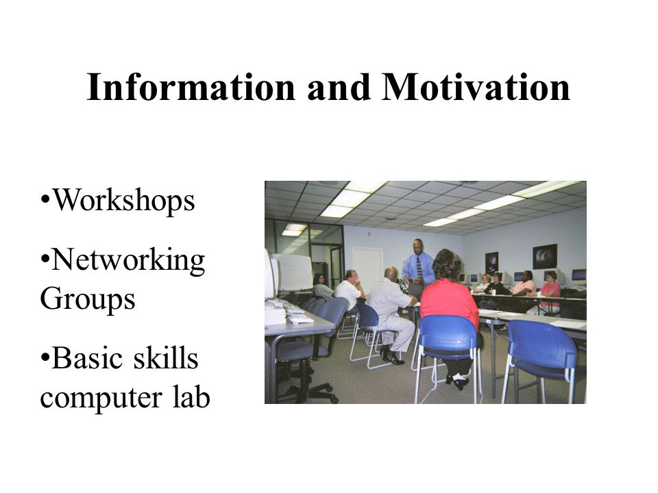 Information and Motivation Workshops Networking Groups Basic skills computer lab
