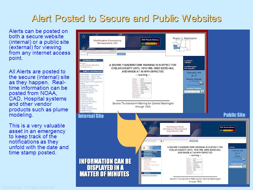 Confidential: All Rights Reserved Alert Posted to Secure and Public Websites Alerts can be posted on both a secure website (internal) or a public site (external) for viewing from any internet access point.