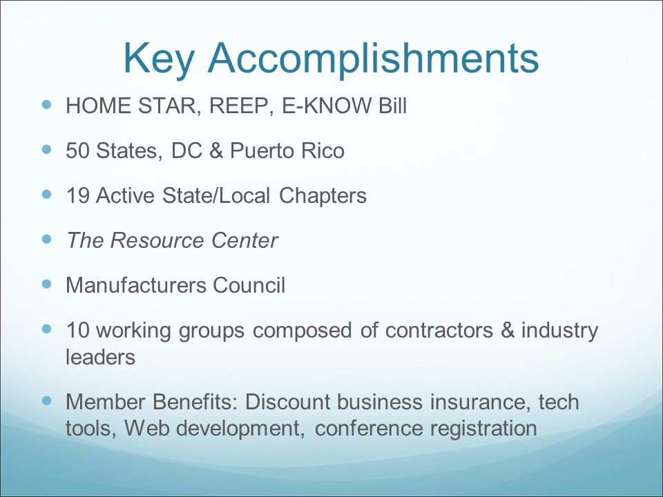 Key Accomplishments HOME STAR, REEP, E-KNOW Bill 50 States, DC & Puerto Rico 19 Active State/Local Chapters The Resource Center Manufacturers Council 10 working groups composed of contractors & industry leaders Member Benefits: Discount business insurance, tech tools, Web development, conference registration