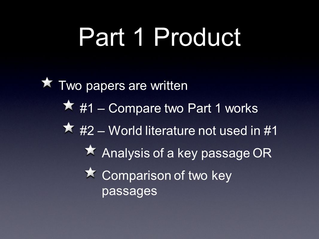 Part 1 Product Two papers are written #1 – Compare two Part 1 works #2 – World literature not used in #1 Analysis of a key passage OR Comparison of two key passages