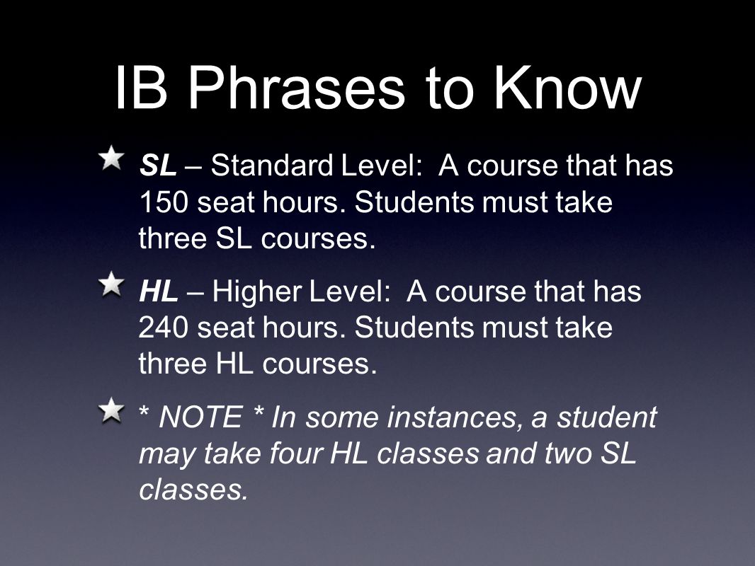IB Phrases to Know SL – Standard Level: A course that has 150 seat hours.