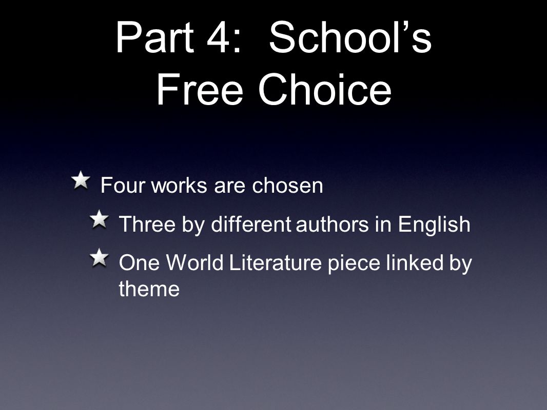 Part 4: School’s Free Choice Four works are chosen Three by different authors in English One World Literature piece linked by theme
