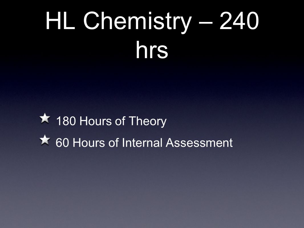 HL Chemistry – 240 hrs 180 Hours of Theory 60 Hours of Internal Assessment
