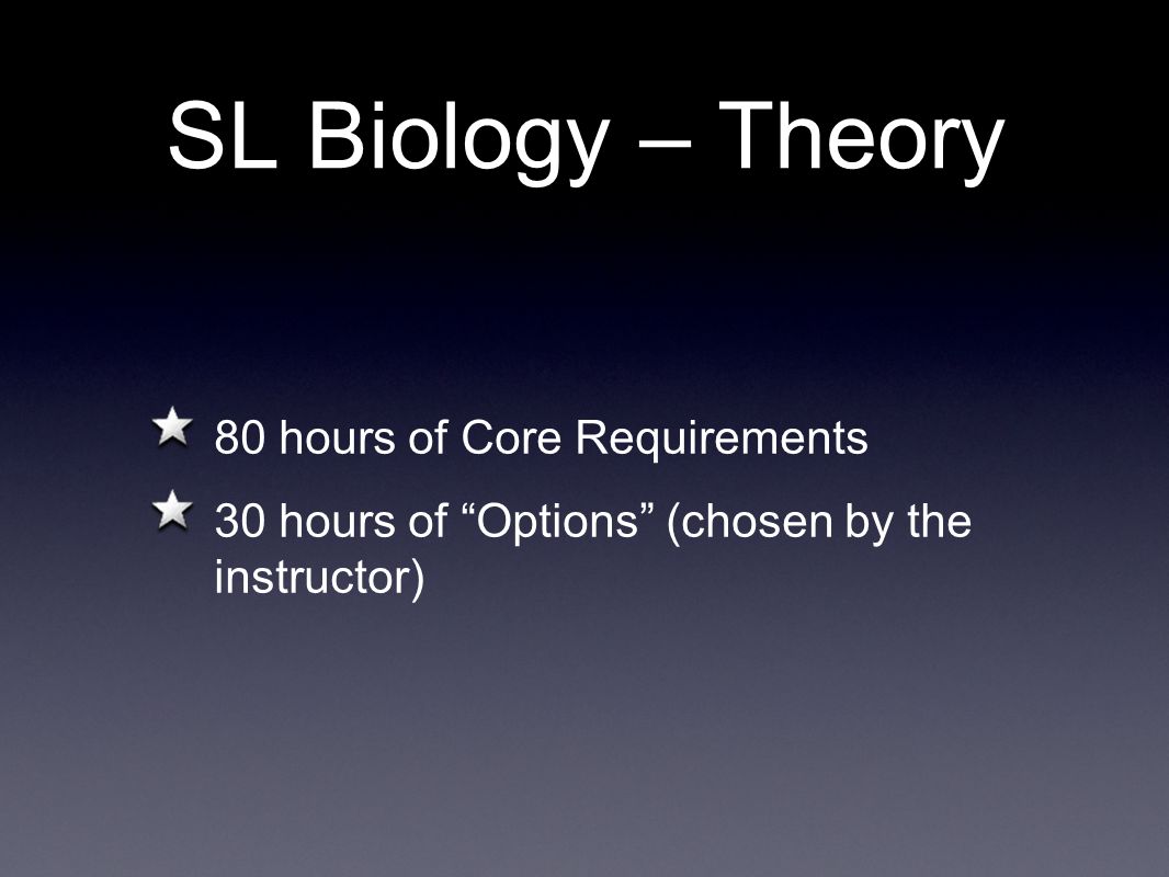 SL Biology – Theory 80 hours of Core Requirements 30 hours of Options (chosen by the instructor)