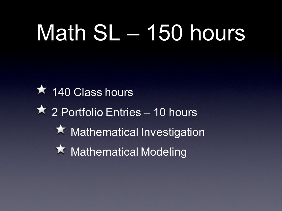 Math SL – 150 hours 140 Class hours 2 Portfolio Entries – 10 hours Mathematical Investigation Mathematical Modeling