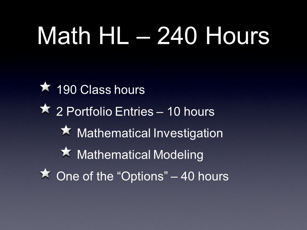 Math HL – 240 Hours 190 Class hours 2 Portfolio Entries – 10 hours Mathematical Investigation Mathematical Modeling One of the Options – 40 hours