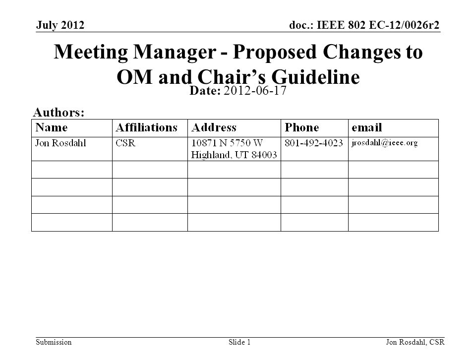 doc.: IEEE 802 EC-12/0026r2 Submission July 2012 Jon Rosdahl, CSRSlide 1 Meeting Manager - Proposed Changes to OM and Chair’s Guideline Date: Authors: