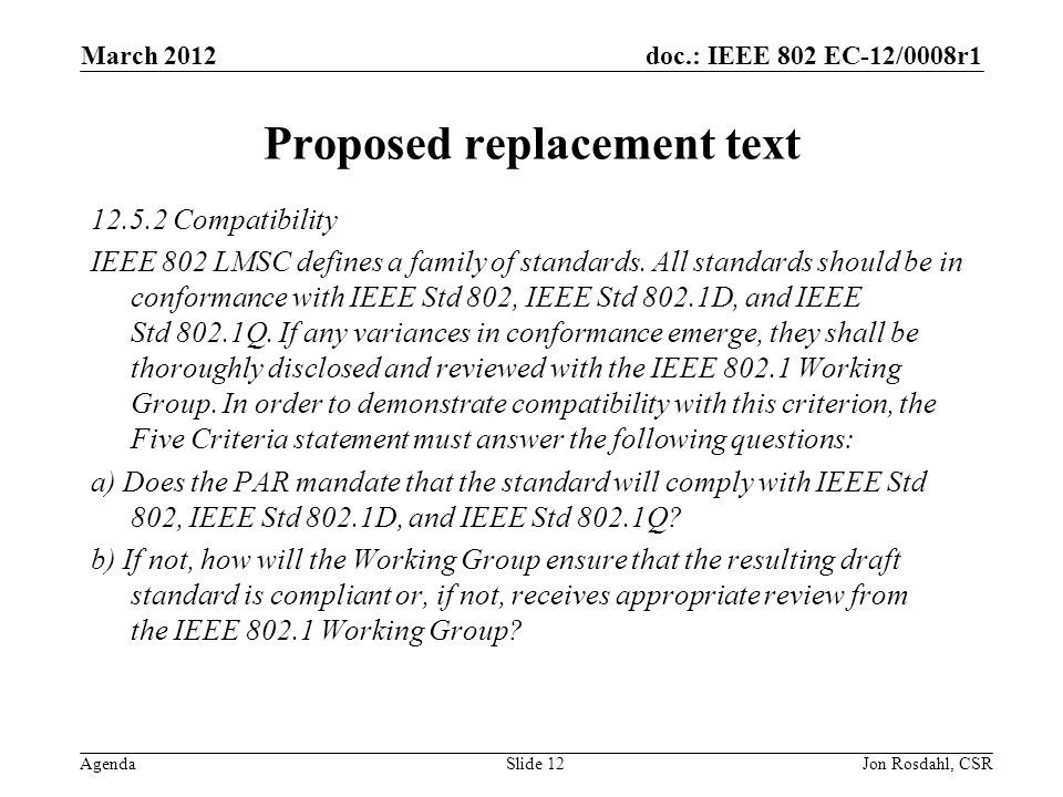 doc.: IEEE 802 EC-12/0008r1 Agenda Proposed replacement text Compatibility IEEE 802 LMSC defines a family of standards.