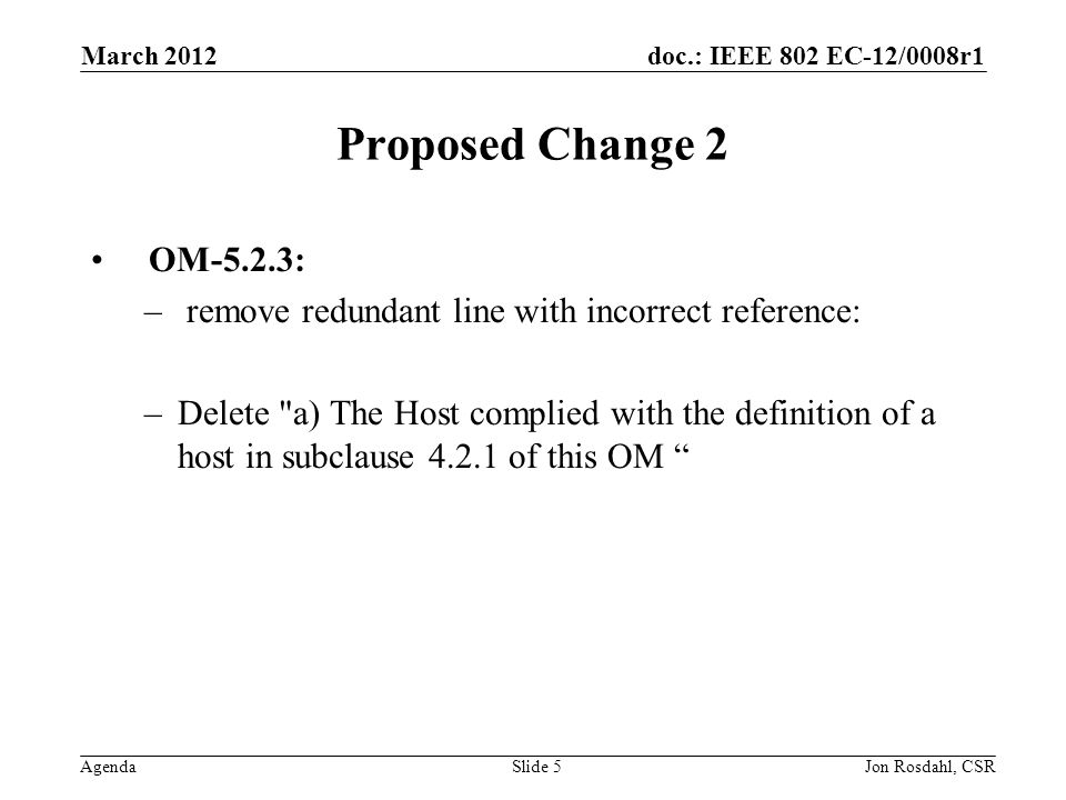 doc.: IEEE 802 EC-12/0008r1 Agenda March 2012 Jon Rosdahl, CSRSlide 5 Proposed Change 2 OM-5.2.3: – remove redundant line with incorrect reference: –Delete a) The Host complied with the definition of a host in subclause of this OM