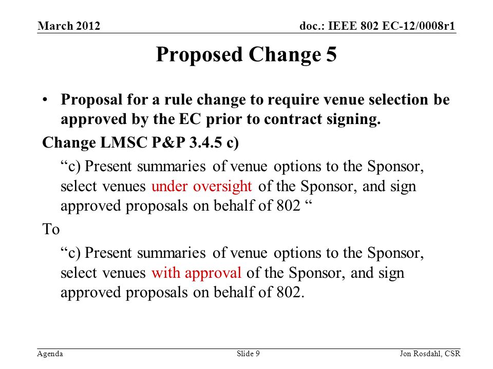 doc.: IEEE 802 EC-12/0008r1 Agenda March 2012 Jon Rosdahl, CSRSlide 9 Proposed Change 5 Proposal for a rule change to require venue selection be approved by the EC prior to contract signing.