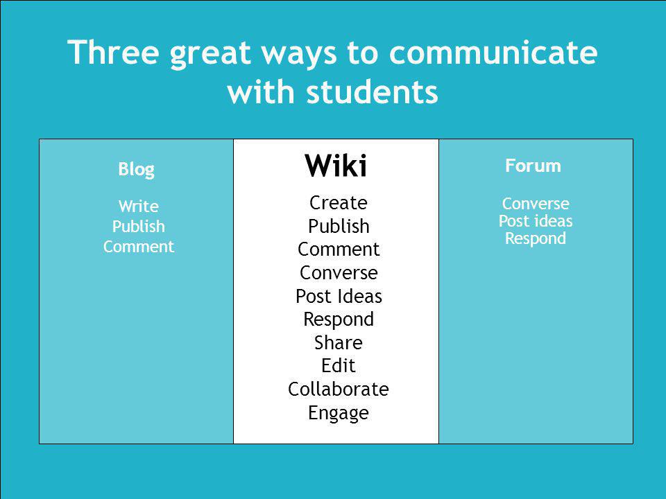 Converse Post ideas Respond Forum Write Publish Comment Create Publish Comment Converse Post Ideas Respond Share Edit Collaborate Engage Blog Wiki Three great ways to communicate with students