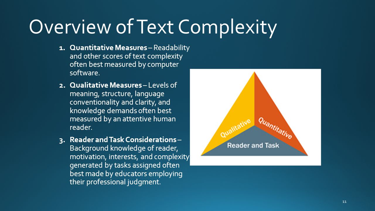 1.Quantitative Measures – Readability and other scores of text complexity often best measured by computer software.