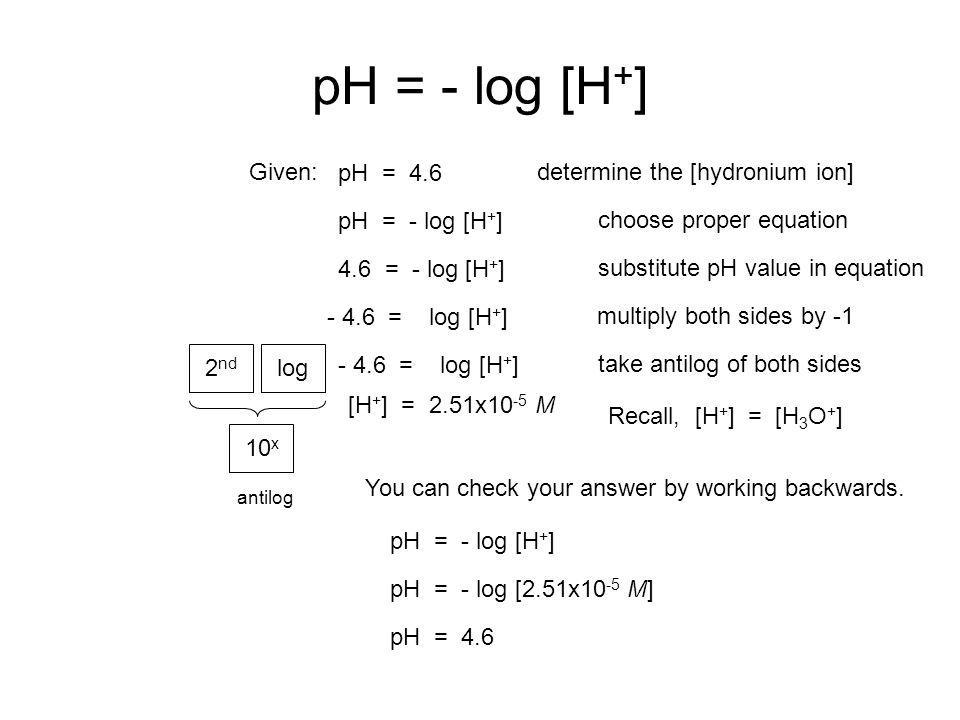 pH Calculations pH pOH [H 3 O + ] [OH - ] pH + pOH = 14 pH = -log[H 3 O + ] [H 3 O + ] = 10 -pH pOH = -log[OH - ] [OH - ] = 10 -pOH [H 3 O + ] [OH - ] = 1 x10 -14