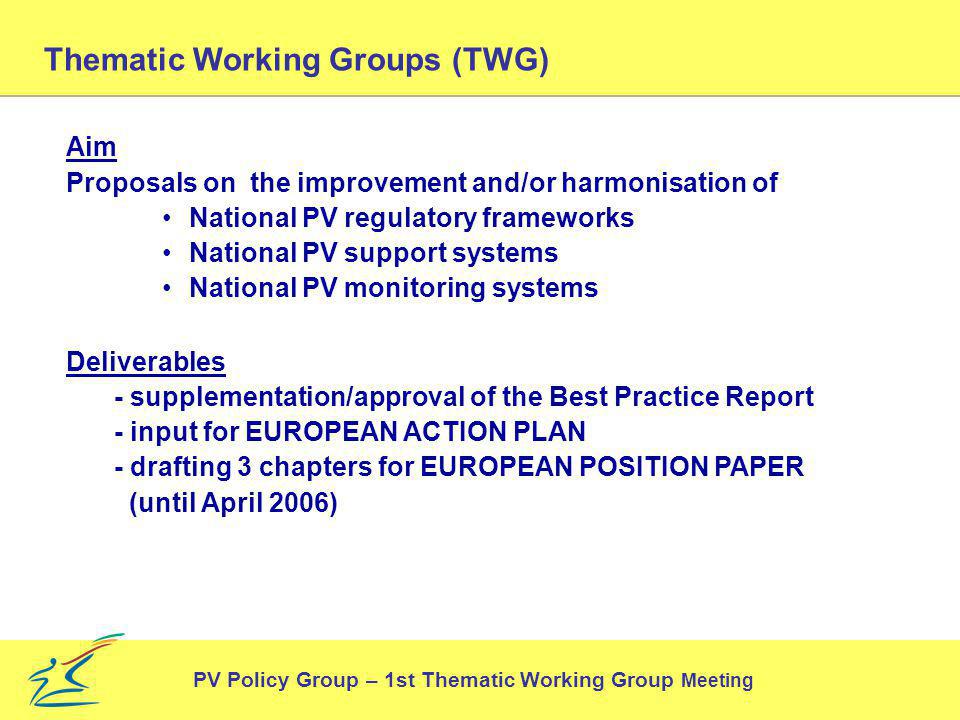 Thematic Working Groups (TWG) PV Policy Group – 1st Thematic Working Group Meeting Aim Proposals on the improvement and/or harmonisation of National PV regulatory frameworks National PV support systems National PV monitoring systems Deliverables - supplementation/approval of the Best Practice Report - input for EUROPEAN ACTION PLAN - drafting 3 chapters for EUROPEAN POSITION PAPER (until April 2006)