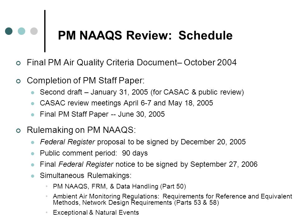 PM NAAQS Review: Schedule Final PM Air Quality Criteria Document– October 2004 Completion of PM Staff Paper: Second draft – January 31, 2005 (for CASAC & public review) CASAC review meetings April 6-7 and May 18, 2005 Final PM Staff Paper -- June 30, 2005 Rulemaking on PM NAAQS: Federal Register proposal to be signed by December 20, 2005 Public comment period: 90 days Final Federal Register notice to be signed by September 27, 2006 Simultaneous Rulemakings: PM NAAQS, FRM, & Data Handling (Part 50) Ambient Air Monitoring Regulations: Requirements for Reference and Equivalent Methods, Network Design Requirements (Parts 53 & 58) Exceptional & Natural Events