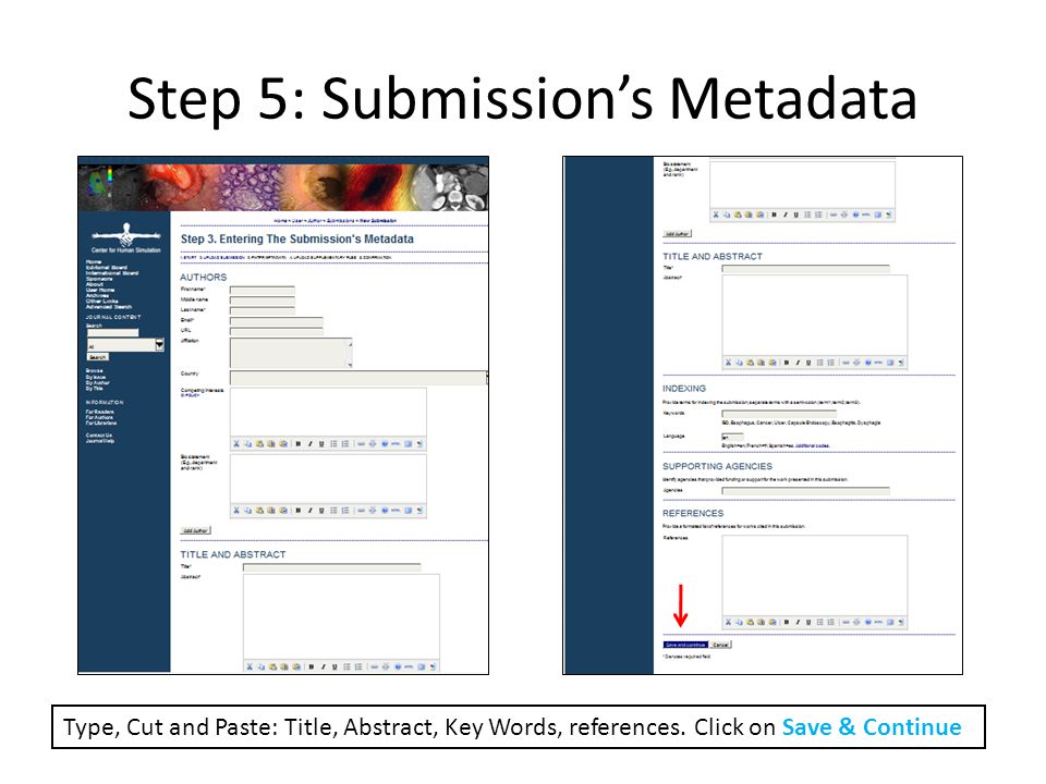 Step 5: Submission’s Metadata Type, Cut and Paste: Title, Abstract, Key Words, references.