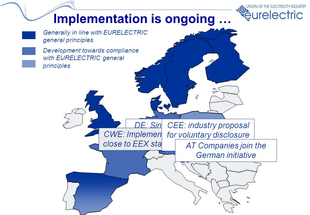 Generally in line with EURELECTRIC general principles Development towards compliance with EURELECTRIC general principles DE: Since 10 April 2006 publication of data on EEX CWE: Implementation close to EEX standard CEE: industry proposal for voluntary disclosure scheme Implementation is ongoing … AT Companies join the German initiative