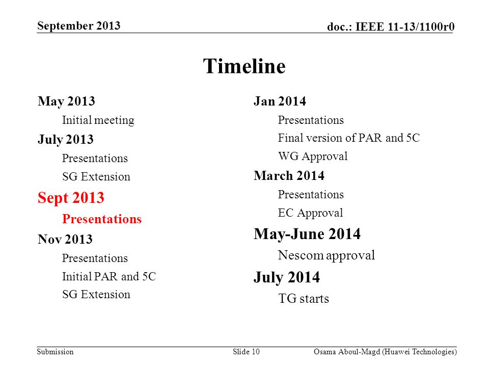 Submission doc.: IEEE 11-13/1100r0 Timeline September 2013 Osama Aboul-Magd (Huawei Technologies)Slide 10 May 2013 Initial meeting July 2013 Presentations SG Extension Sept 2013 Presentations Nov 2013 Presentations Initial PAR and 5C SG Extension Jan 2014 Presentations Final version of PAR and 5C WG Approval March 2014 Presentations EC Approval May-June 2014 Nescom approval July 2014 TG starts