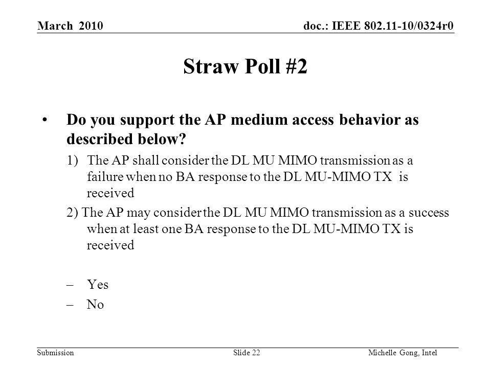 doc.: IEEE /0324r0 Submission Slide 22Michelle Gong, Intel March 2010 Straw Poll #2 Do you support the AP medium access behavior as described below.