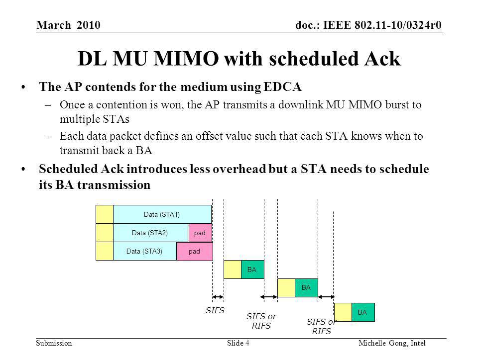 doc.: IEEE /0324r0 Submission Slide 4Michelle Gong, Intel March 2010 DL MU MIMO with scheduled Ack The AP contends for the medium using EDCA –Once a contention is won, the AP transmits a downlink MU MIMO burst to multiple STAs –Each data packet defines an offset value such that each STA knows when to transmit back a BA Scheduled Ack introduces less overhead but a STA needs to schedule its BA transmission Data (STA1) Data (STA3) BA Data (STA2) BA SIFS SIFS or RIFS pad