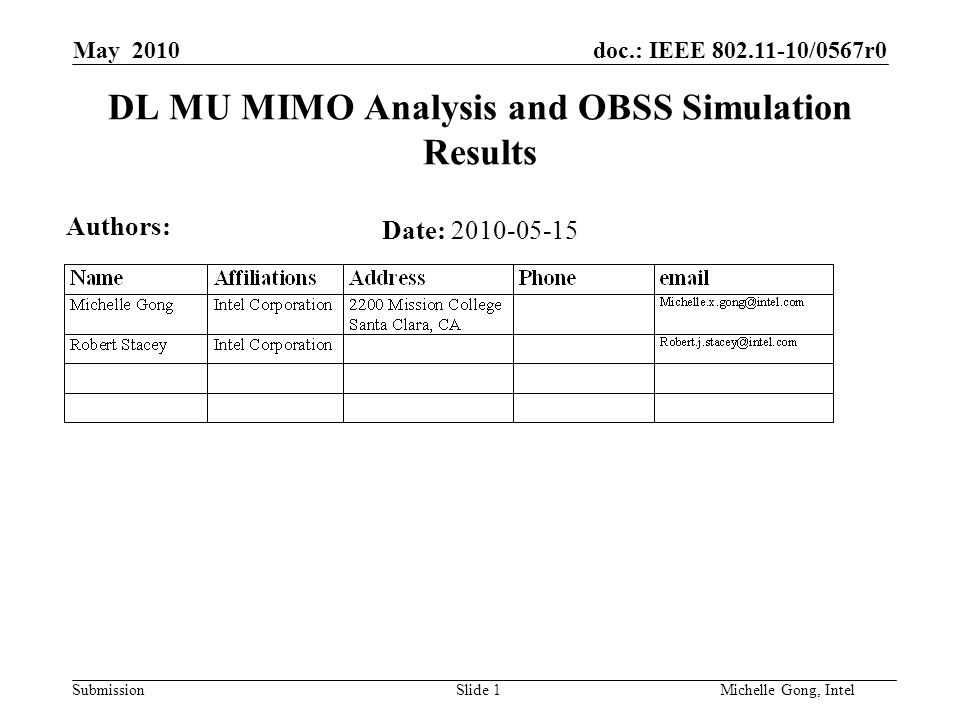 doc.: IEEE /0567r0 Submission Slide 1Michelle Gong, Intel May 2010 DL MU MIMO Analysis and OBSS Simulation Results Date: Authors: