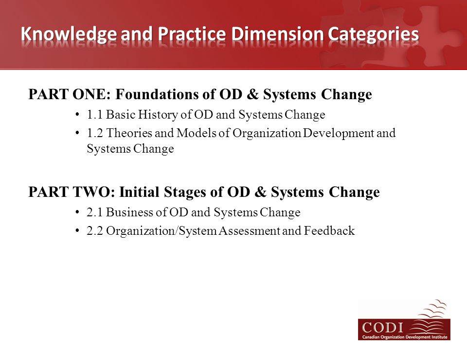 PART ONE: Foundations of OD & Systems Change 1.1 Basic History of OD and Systems Change 1.2 Theories and Models of Organization Development and Systems Change PART TWO: Initial Stages of OD & Systems Change 2.1 Business of OD and Systems Change 2.2 Organization/System Assessment and Feedback