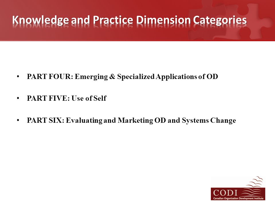 PART FOUR: Emerging & Specialized Applications of OD PART FIVE: Use of Self PART SIX: Evaluating and Marketing OD and Systems Change
