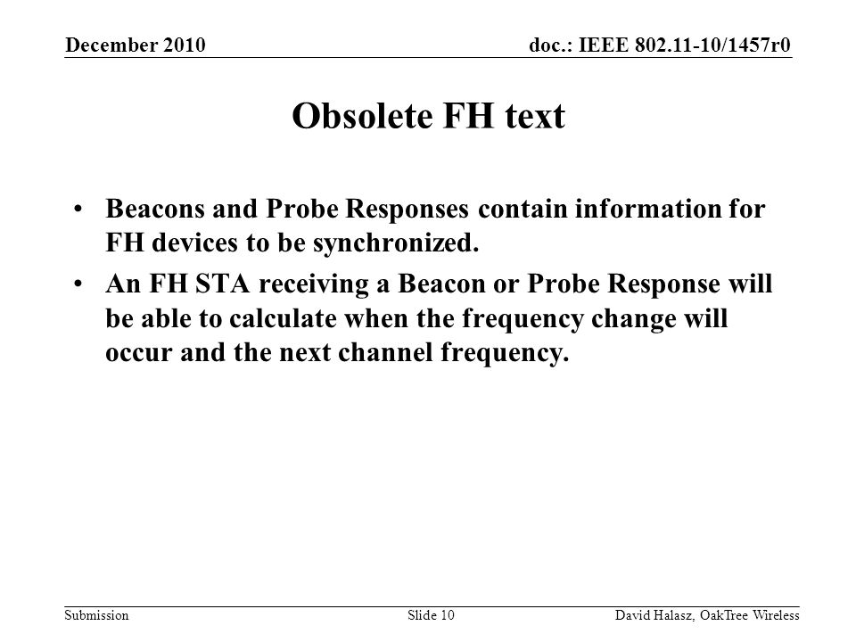 doc.: IEEE /1457r0 Submission Obsolete FH text Beacons and Probe Responses contain information for FH devices to be synchronized.