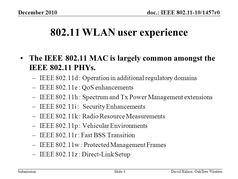 doc.: IEEE /1457r0 Submission WLAN user experience The IEEE MAC is largely common amongst the IEEE PHYs.