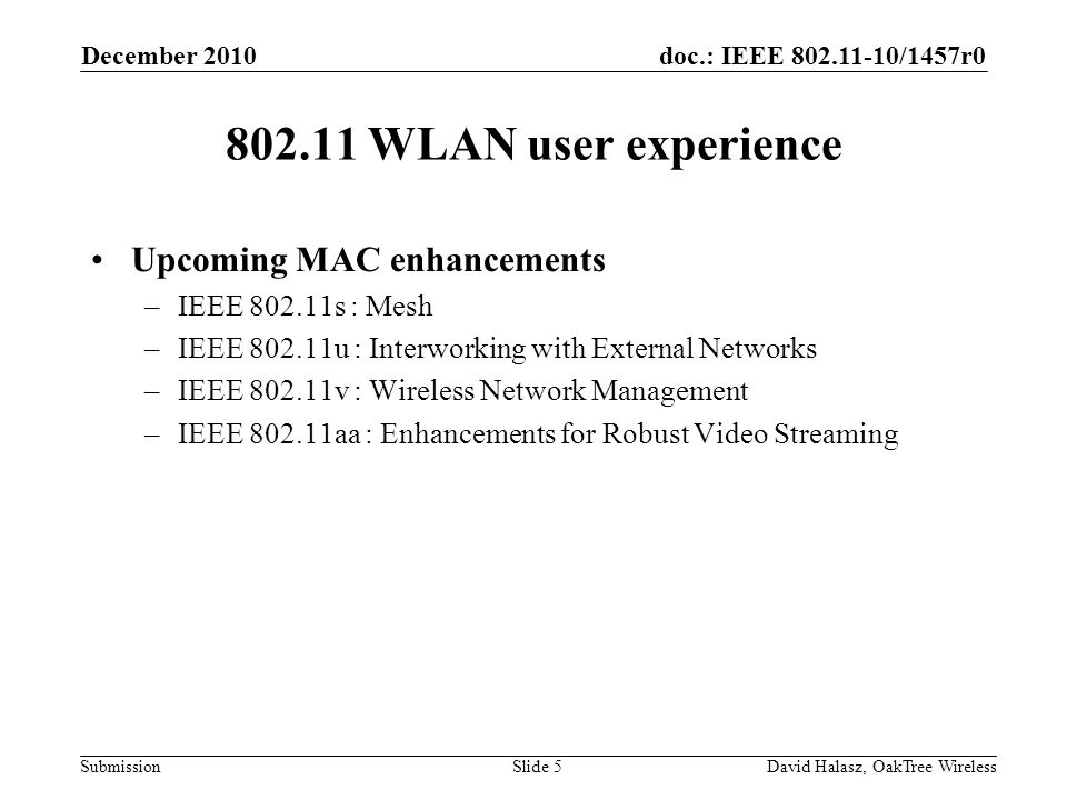 doc.: IEEE /1457r0 Submission WLAN user experience Upcoming MAC enhancements –IEEE s : Mesh –IEEE u : Interworking with External Networks –IEEE v : Wireless Network Management –IEEE aa : Enhancements for Robust Video Streaming December 2010 David Halasz, OakTree WirelessSlide 5