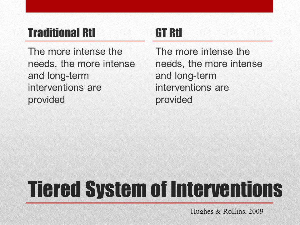 Tiered System of Interventions Traditional RtI The more intense the needs, the more intense and long-term interventions are provided GT RtI The more intense the needs, the more intense and long-term interventions are provided Hughes & Rollins, 2009