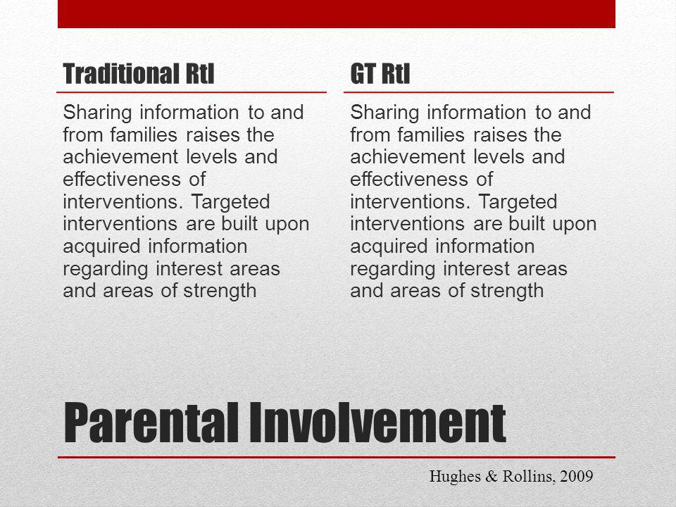 Parental Involvement Traditional RtI Sharing information to and from families raises the achievement levels and effectiveness of interventions.