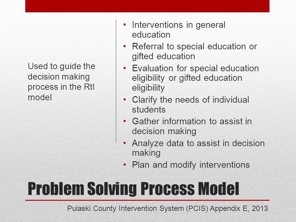 Problem Solving Process Model Interventions in general education Referral to special education or gifted education Evaluation for special education eligibility or gifted education eligibility Clarify the needs of individual students Gather information to assist in decision making Analyze data to assist in decision making Plan and modify interventions Used to guide the decision making process in the RtI model Pulaski County Intervention System (PCIS) Appendix E, 2013