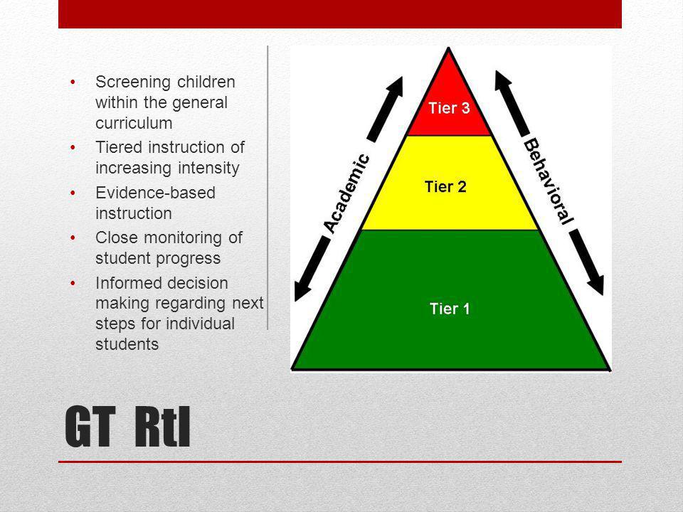 GT RtI Screening children within the general curriculum Tiered instruction of increasing intensity Evidence-based instruction Close monitoring of student progress Informed decision making regarding next steps for individual students