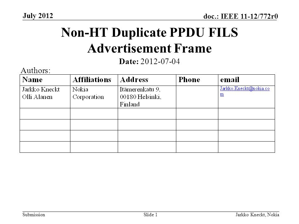 Submission doc.: IEEE 11-12/772r0 July 2012 Jarkko Kneckt, NokiaSlide 1 Non-HT Duplicate PPDU FILS Advertisement Frame Date: Authors: