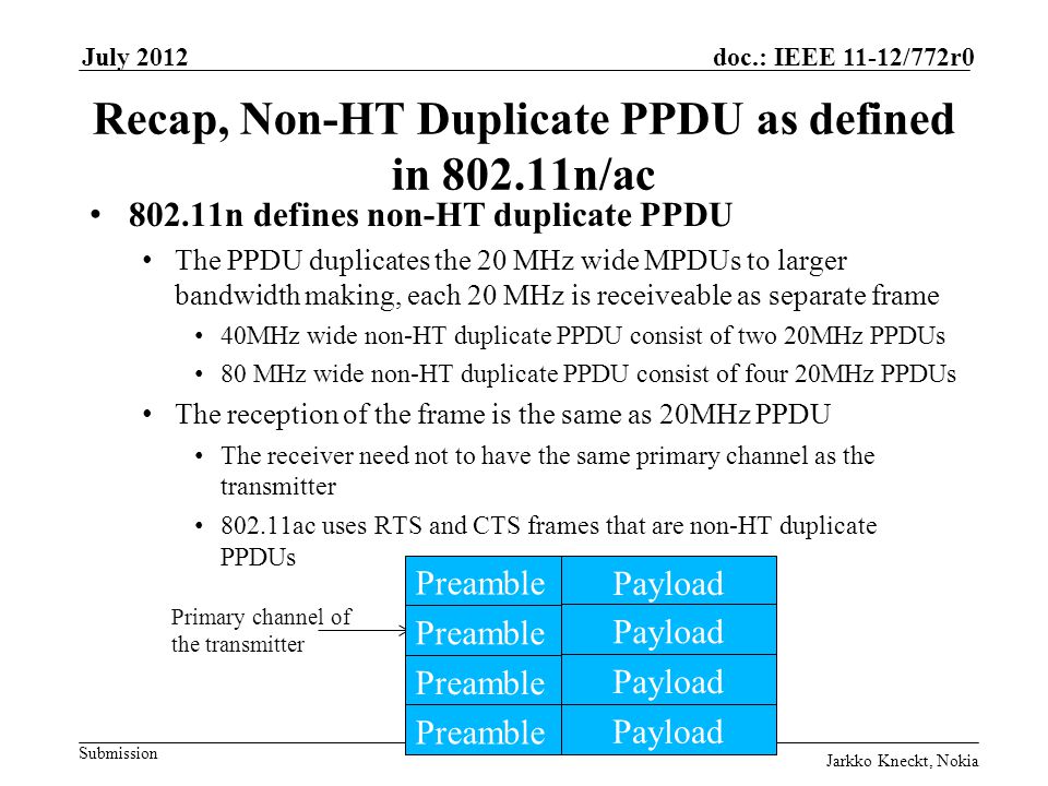 Submission doc.: IEEE 11-12/772r0July 2012 Jarkko Kneckt, Nokia Slide 7 Recap, Non-HT Duplicate PPDU as defined in n/ac n defines non-HT duplicate PPDU The PPDU duplicates the 20 MHz wide MPDUs to larger bandwidth making, each 20 MHz is receiveable as separate frame 40MHz wide non-HT duplicate PPDU consist of two 20MHz PPDUs 80 MHz wide non-HT duplicate PPDU consist of four 20MHz PPDUs The reception of the frame is the same as 20MHz PPDU The receiver need not to have the same primary channel as the transmitter ac uses RTS and CTS frames that are non-HT duplicate PPDUs Payload Primary channel of the transmitter Preamble