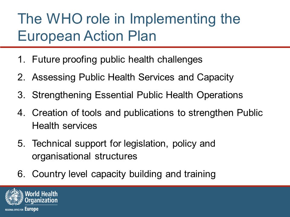 The WHO role in Implementing the European Action Plan 1.Future proofing public health challenges 2.Assessing Public Health Services and Capacity 3.Strengthening Essential Public Health Operations 4.Creation of tools and publications to strengthen Public Health services 5.Technical support for legislation, policy and organisational structures 6.Country level capacity building and training