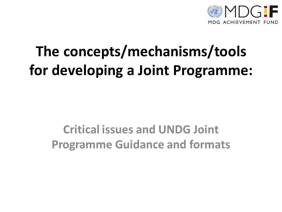The concepts/mechanisms/tools for developing a Joint Programme: Critical issues and UNDG Joint Programme Guidance and formats