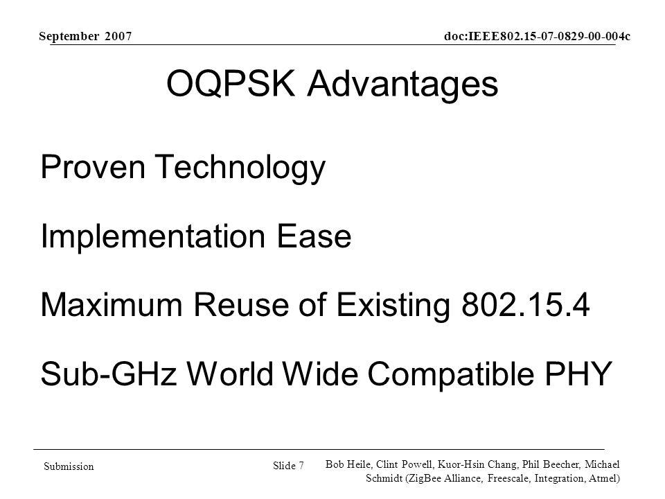 September 2007 doc:IEEE c Slide 7 Submission Bob Heile, Clint Powell, Kuor-Hsin Chang, Phil Beecher, Michael Schmidt (ZigBee Alliance, Freescale, Integration, Atmel) OQPSK Advantages Proven Technology Implementation Ease Maximum Reuse of Existing Sub-GHz World Wide Compatible PHY