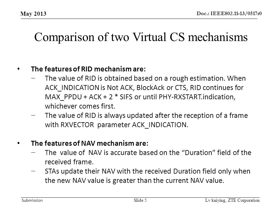 Doc.: IEEE /0517r0 May 2013 Submission Lv kaiying, ZTE Corporation Comparison of two Virtual CS mechanisms The features of RID mechanism are: − The value of RID is obtained based on a rough estimation.